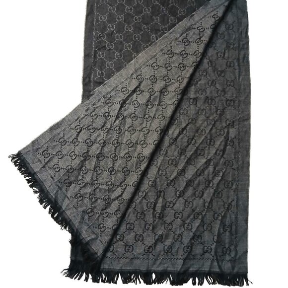 Gucci Charcoal Grey & Silver Reversible GG Logo Print Shawl Wrap Vintage Pre-Own - Picture 2 of 9